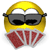 Yellow circular face with white eyes, black sunglasses, and red bandana covering mouth area.