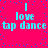 Bright pink background with scattered blue dots; cyan text reads "I love tap dance" in two identical horizontal