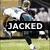 Animated sequence showing a football player in blue and white uniform running on grass, with text overlays changing from 'JACKED' to 'UP!' across frames.