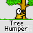 Pixelated tree character with yellow body and brown trunk, green foliage, white eyes with black pupils, and black mouth, standing on green grass against light gray background.