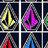 pixelated icons featuring a stylized symbol in yellow, pink, red, and blue colors with gray borders on dark backgrounds