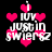 Pixelated icon with white text 'I LUV JUSTIN SWIERZ' surrounded by pink hearts on black background.