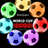 Pixelated soccer ball icon with six colored balls arranged around a central red banner on black background.