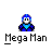 A 4x4 grid of pixel art frames showing Mega Man in various poses with blue energy effects, each labeled "Mega Man" below the character.