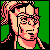 Pixelated 50x50 static icon of a stylized character with peach skin, pink hair, and glasses against green background.