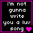 Four identical black square with pink borders display white pixelated text reading "i'm not gunna write you a luv song" and one or more purple hearts