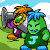 A 3x3 contact sheet of a pixel-art animated icon featuring two green cartoon characters with blue hair and orange spiky headpieces, one wearing a green shirt with a light blue J, interacting in various poses against a grassy background with clouds.