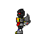 Pixel art character in black armor with red eyes and yellow accents, holding a gray shield, transitioning between walking and standing poses with a red sword in one frame.