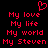 Red pixelated text on black background with heart symbol above, arranged in two of four lines each