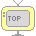 Two pixelated television sets with yellow frames display 'TOP' text on gray screens, one showing an upward arrow symbol.