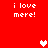 Red background with white pixelated text 'i love mere!' repeated four times and three pixelated hearts in white and pink.