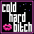 A contact sheet of 10 animated frames showing a pixel art buddy icon with the text "cold hard bitch" and pink lips on a black background, each frame displaying subtle star animation variations.