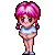 Pixel art contact sheet of a pink-haired anime-style girl in blue-and-white sports uniform across nine animated frames showing facial expressions and pose variations.