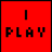 Red and black pixelated with 'I PLAY' text in red squares, 'I ROCK' text in alternating red/black squares, and two electric guitar images on a black background