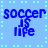 Pixelated blue text on light blue background with cyan squares, displaying 'soccer is life' in three lines across four