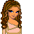 Pixel art icon featuring a woman with long brown hair, blue eyes, and a pink top on the left; a torso in beige top and dark pants in center; shopping bags labeled 'AGF' on right.