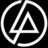 Black background with white geometric shapes forming a stylized 'A' inside a broken circle, rendered in pixelated style.