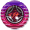 Two circular pixelated icons with purple and pink striped borders, each containing a central metallic structure with orange and red flame-like patterns.