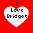 Four identical white heart shapes on a solid red background, each containing black text reading "I Love Bridget" with a pixelated font style.