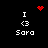 Pixel art icon with black background showing 'I <3 Sara' text and animated red symbols above/below the text.