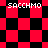 Red and black checkered pattern with 'SACCHMO' text in white pixelated font across four quadrants.