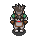 Pixel art character with brown spiky hair, green shoulder pads, and a red sash over gray pants on a light gray background.