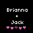 Pixelated text displays 'Brianna' and 'Jack' with a plus sign between them, followed by five heart symbols in pink and purple on black background.
