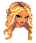 Pixelated cartoon-style icon of a blonde woman's head with blue eyes and purple lips against gray background.
