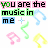 Animated contact sheet of a 4x4 grid showing sequential frames of an AIM buddy icon with repeating text and musical symbols, featuring color cycling in the phrase "you are the music in me" across multiple sampled frames.