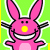 Pink cartoon bunny with yellow nose, black eyes, and wide smile on green background; four views show progressive blurring of features.