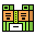 Four distinct pixel art configurations of geometric shapes in green, orange, brown, and white with black outlines on a gray background.