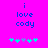 Bright pink background with blue text reading "i love cody" and a of five pixelated flowers below, where the third flower changes color between frames