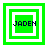 Four green and white square-framed icons display the text "JADEN" in dark blue pixelated font, each with distinct layered border arrangements.
