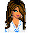 Pixel art of a female character with long brown hair, blue eyes, and white top with blue accents; adjacent pixel art shows torso in white crop top and light blue jeans.