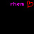 Pixelated text and a heart symbol on black background, with pink 'rhem' text flanking a red outlined heart.