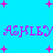 Pixelated text 'ASHLEY' repeated twice on a bright cyan background with scattered pink plus signs.