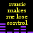 Yellow text 'music makes me lose control' on black background with purple audio equalizer bars changing across frames.