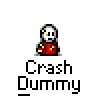 A 3x3 contact sheet of pixel art frames showing a crash dummy character interacting with a white car, displaying sequential animation states from intact to damaged vehicle parts.