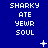 Blue background with repeated white pixelated text 'SHARKY ATE YEUR SOUL' in three , animated star and dot symbols appear and disappear across frames