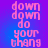 Pixelated pink text on a blue-purple gradient background, arranged in vertical with repeated phrases
