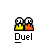 Pixel art of two figures in yellow and orange outfits with white heads, labeled "Duel" beneath them on a gray background.