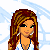 Pixelated character with long brown hair and blue top, partial body view showing floral shirt and shorts against light blue starry background.