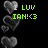 Pixelated heart shapes in grayscale float against a black background, with bright green text reading "I LUV IAN!<3" positioned to the right of the hearts.