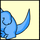 Blue cartoon creature with rounded body and tail, shown in two sequential poses against light yellow background.
