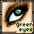 Pixelated close-up of a human eye with green iris and brown eyelashes, framed by a black border with light gray corner accents, accompanied by pixelated text reading "green eyes" below the image.