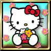 Hello Kitty character with red bow holding flower bouquet in four- , each showing slight background color variation