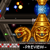 Pixel art scene with golden serpent heads, blue and yellow projectiles, red dots on a stone platform, and "-PREVIEW-" text at the bottom.