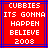 Red background with white pixelated text reading 'CUBBIES ITS GONNA HAPPEN BELIEVE 2008' in a , bordered by blue and purple lines