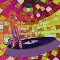Animated sequence showing a figure on rotating platforms with changing background patterns and disco ball effects.