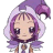 Pixelated anime-style character with purple hair and hat, standing against gray background, next to black with white text